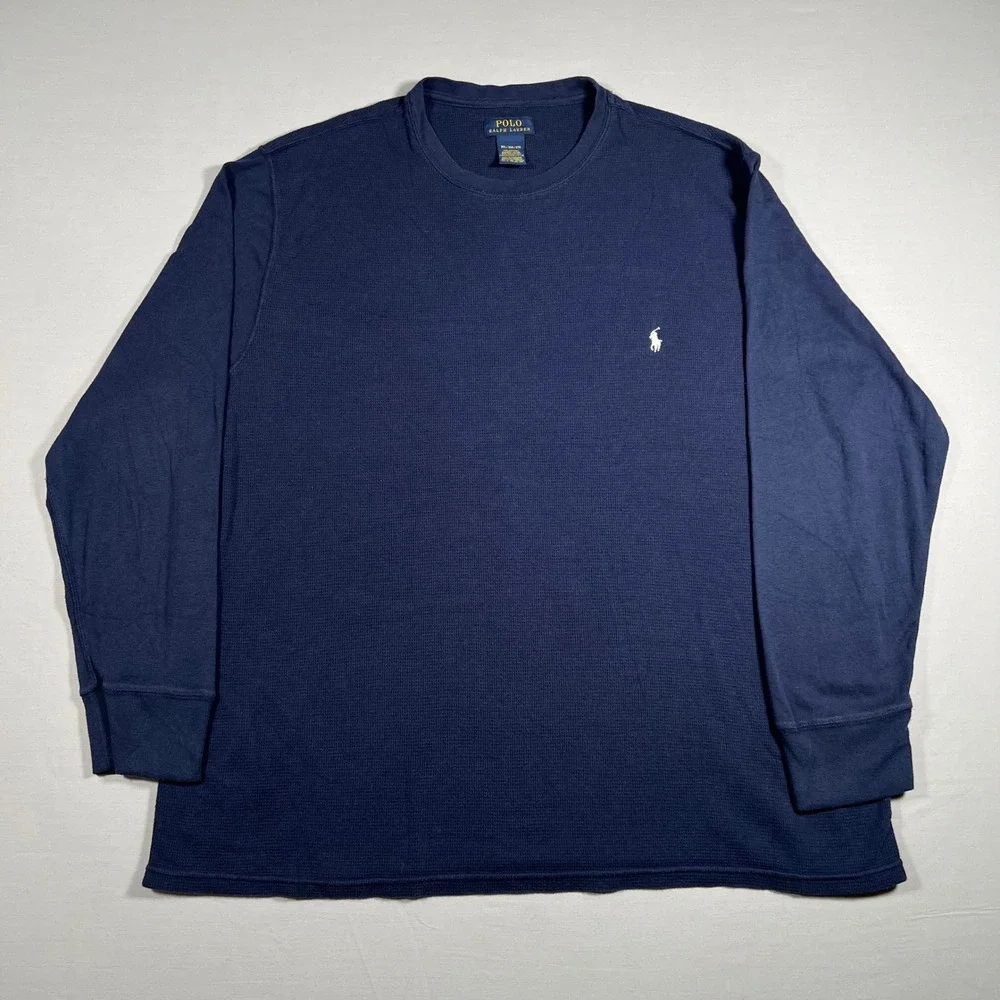 Polo Ralph Lauren Mens 3XL Navy Blue Waffle Knit Thermal Long Sleeve Shirt Pony